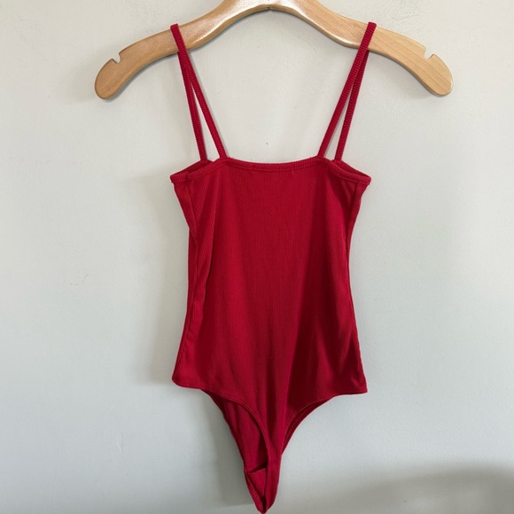 Brandy Melville Red Ribbed Square Neck Spaghetti Strap Thong Bodysuit | Small - Picture 3 of 10